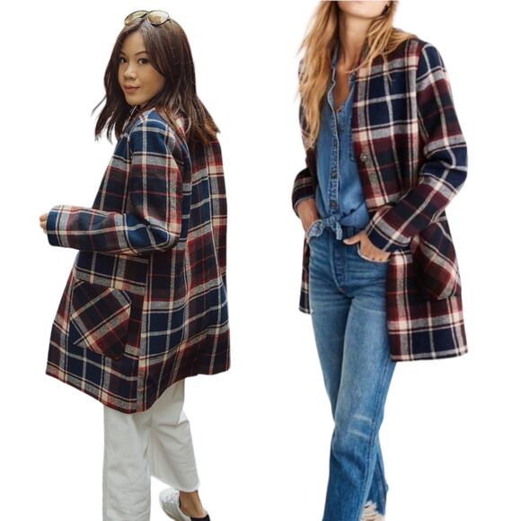 Abercrombie & Fitch Collarless Plaid Wool Blend Coat Blue Red Size XS - Picture 3 of 9